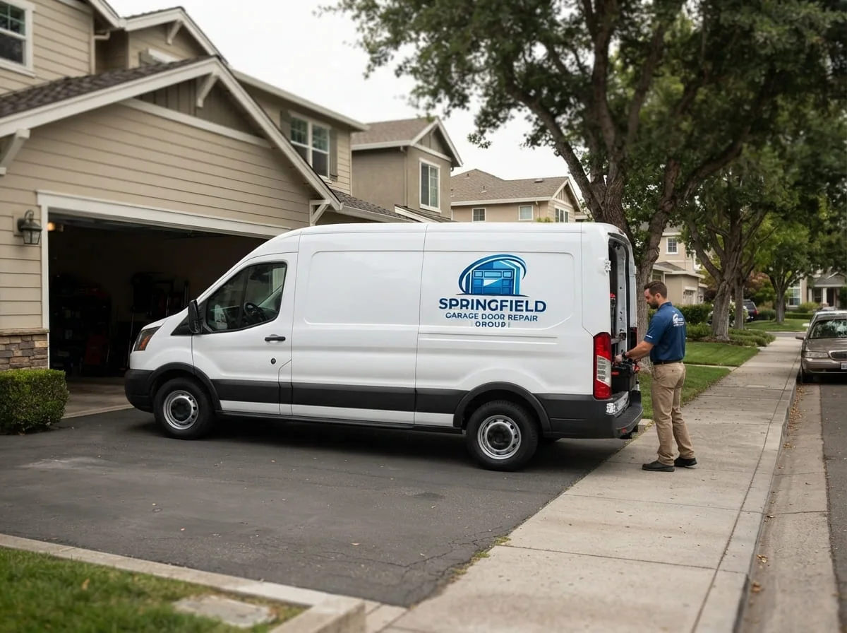 Technician repairing a torsion spring on a two-car garage door in a Koke Mill subdivision home