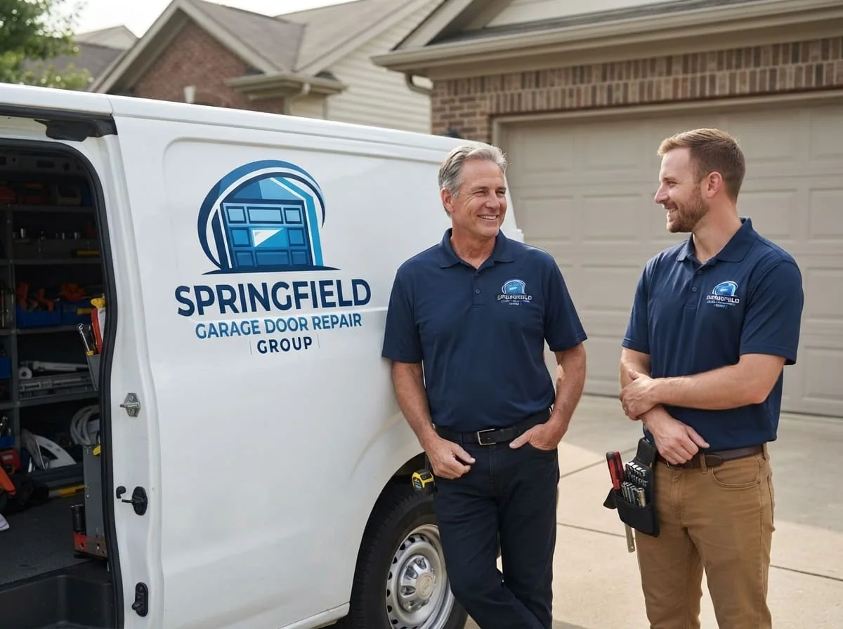 Technician repairing a garage door on a brick ranch home in Leland Grove, Illinois