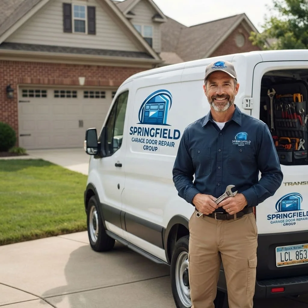 Technician arriving to repair a garage door at a rural property near Riverton, Illinois