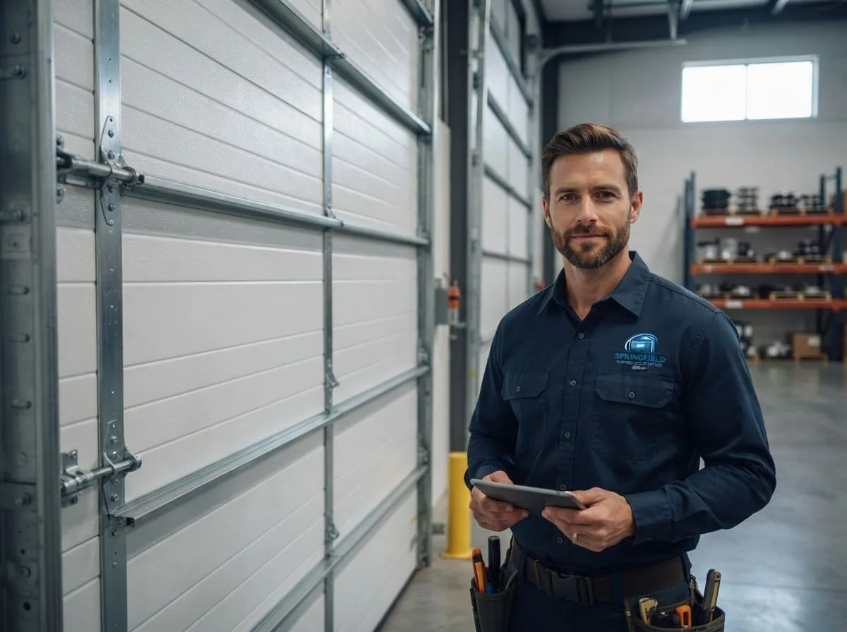 Grant Callahan, Owner of Springfield Garage Door Repair Group Grant Callahan, owner of Springfield Garage Door Repair Group, standing beside a residential garage door