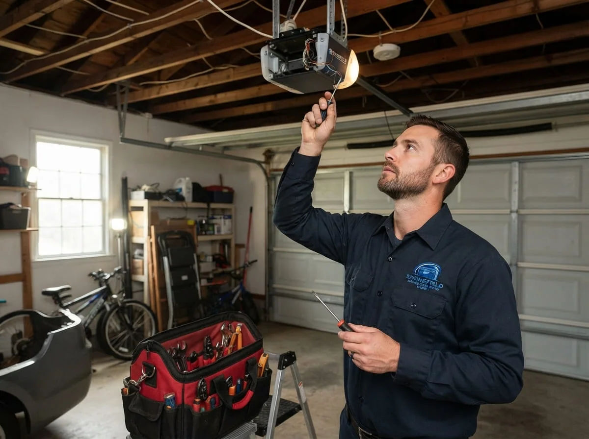 Technician checking garage door track alignment after panel damage